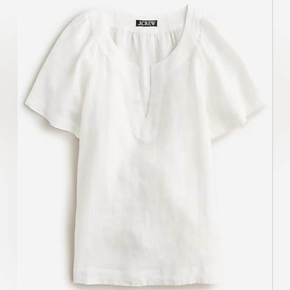J. Crew Flutter Sleeve Linen V-neck Top In White - Size S